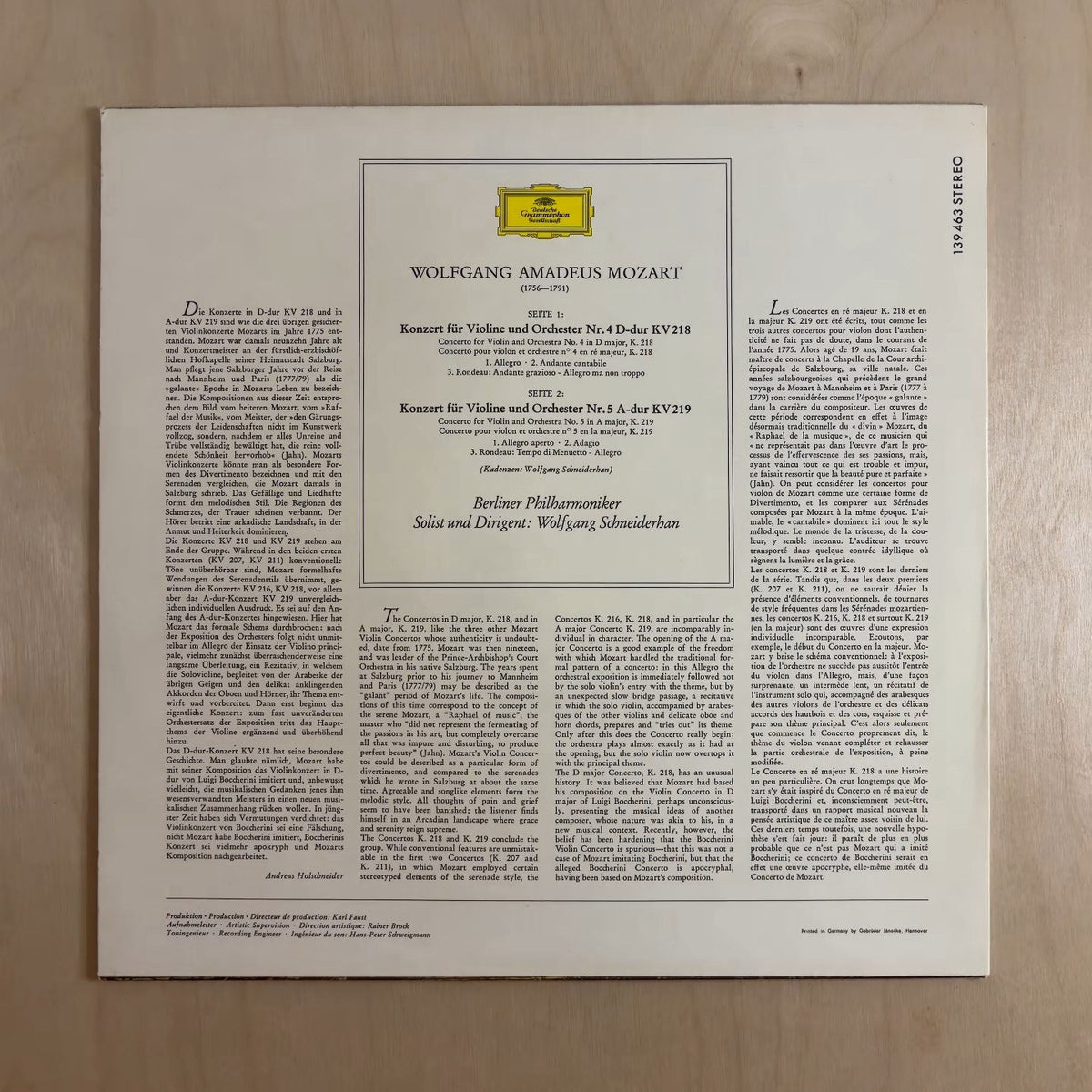 Wolfgang Amadeus Mozart, Berliner Philharmoniker, Wolfgang Schneiderhan – Violinkonzerte: Nr. 4 D-dur Kv 218 / Nr. 5 A-dur Kv 219 – back cover