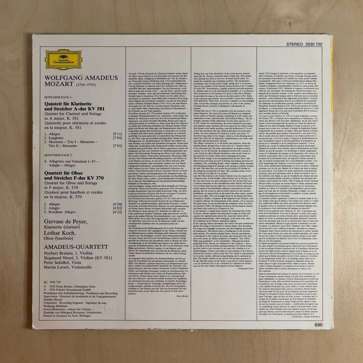 Wolfgang Amadeus Mozart, Gervase De Peyer, Lothar Koch, Amadeus-Quartett – Quintett Für Klarinette Und Streicher A-Dur KV 581 - Quartett Für Oboe Und Streicher F-Dur KV 370 – back cover
