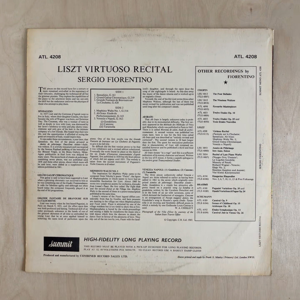 Franz Liszt, Sergio Fiorentino – Liszt Virtuoso Recital – back cover