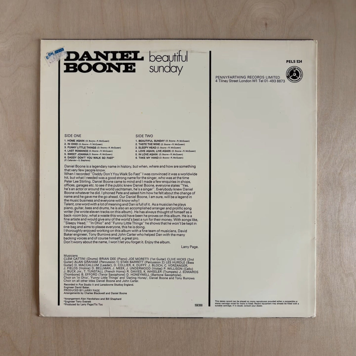 Daniel Boone – Beautiful Sunday – back cover