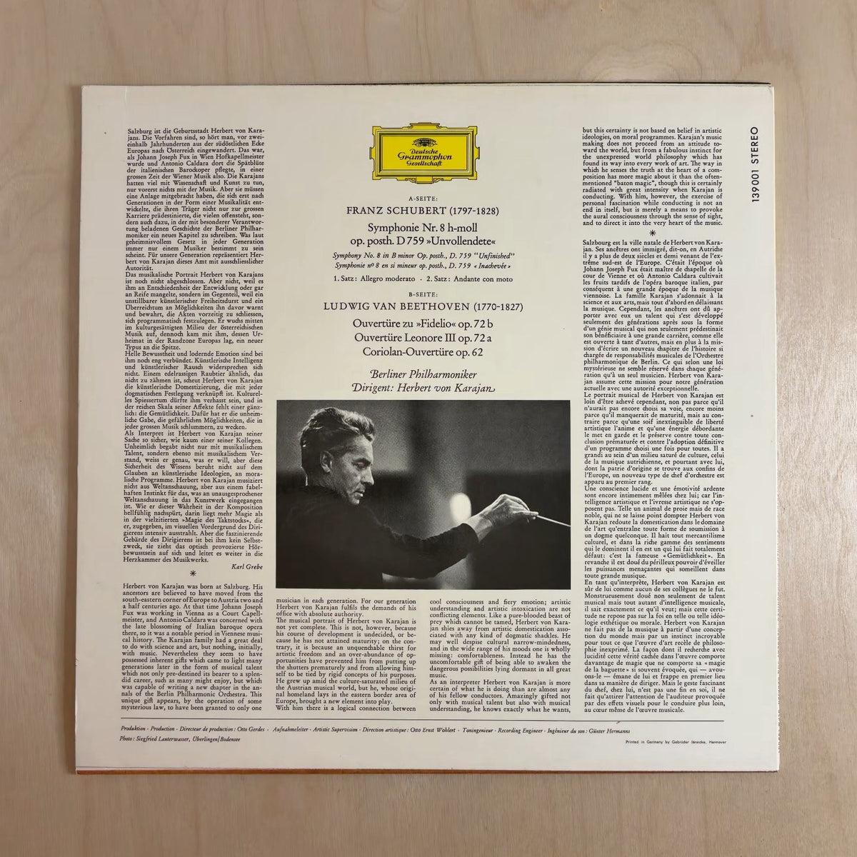 Franz Schubert, Ludwig van Beethoven, Berliner Philharmoniker, Herbert von Karajan – 8. Symphonie »Unvollendete« / Fidelio · Leonore III · Coriolan · Ouverturen – back cover