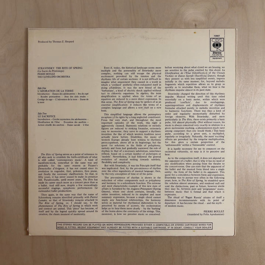 Pierre Boulez, Igor Stravinsky, The Cleveland Orchestra – Le Sacre Du Printemps – back cover