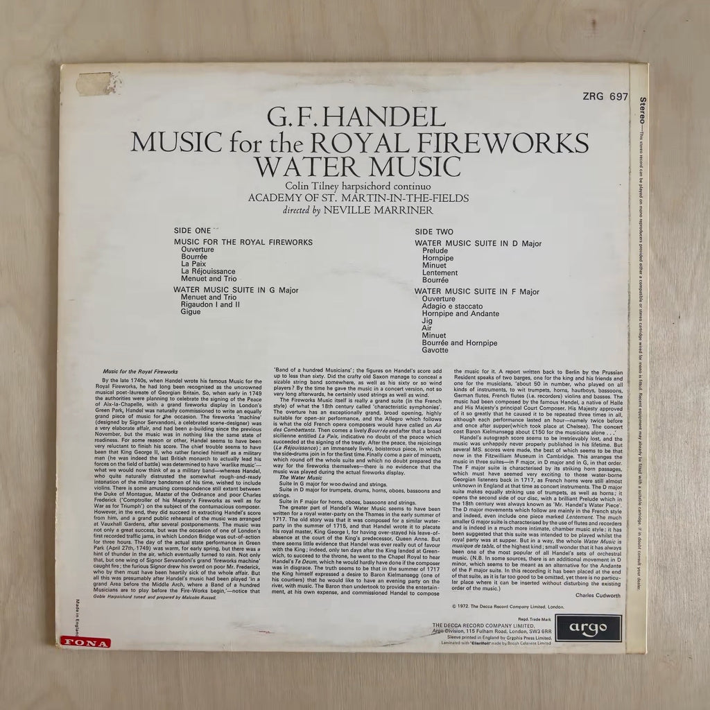 Georg Friedrich Händel, The Academy Of St. Martin-in-the-Fields, Sir Neville Marriner – Music For The Royal Fireworks / Water Music – back cover