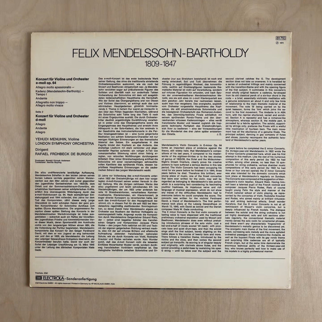Felix Mendelssohn-Bartholdy, Yehudi Menuhin, London Symphony Orchestra, Rafael Frühbeck De Burgos – Konzert Für Violine Und Orchester E-moll / Konzert Für Violine Und Orchester D-moll – back cover