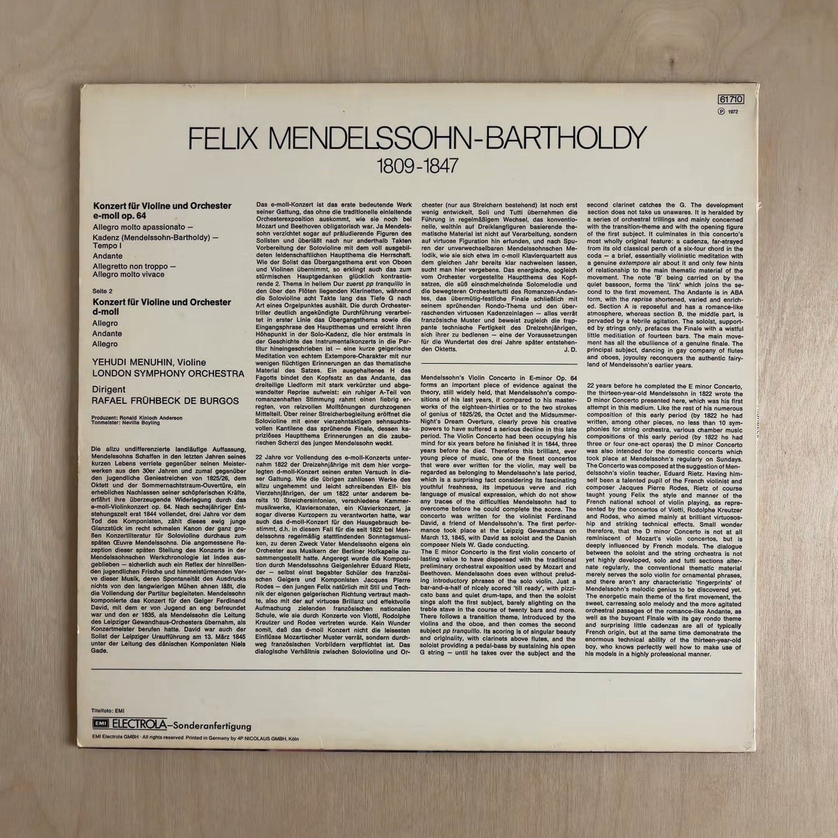 Felix Mendelssohn-Bartholdy, Yehudi Menuhin, London Symphony Orchestra, Rafael Frühbeck De Burgos – Konzert Für Violine Und Orchester E-moll / Konzert Für Violine Und Orchester D-moll – back cover