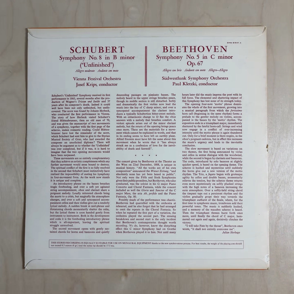 Franz Schubert, Ludwig Van Beethoven, Wiener Festspielorchester, Josef Krips, Südwestfunkorchester Baden-Baden, Paul Kletzki – Symphony N° 8 In B Minor ("Unfinished") / Symphony N° 5 In C Minor Op 67