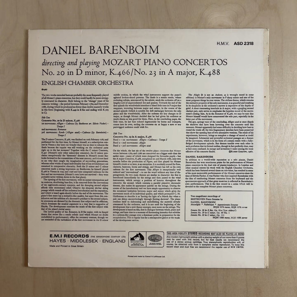 Wolfgang Amadeus Mozart, Daniel Barenboim, English Chamber Orchestra – Piano Concertos: No.20 In D Minor K.466 / No.23 In A Major K.488 – back cover