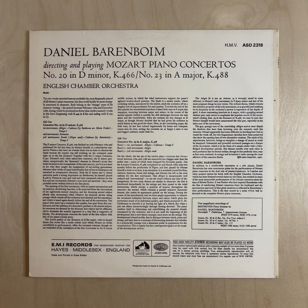Wolfgang Amadeus Mozart, Daniel Barenboim, English Chamber Orchestra – Piano Concertos: No.20 In D Minor K.466 / No.23 In A Major K.488 – back cover