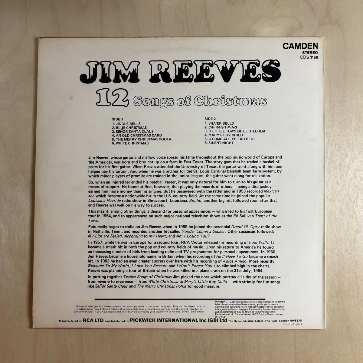 Jim Reeves – 12 Songs Of Christmas – back cover