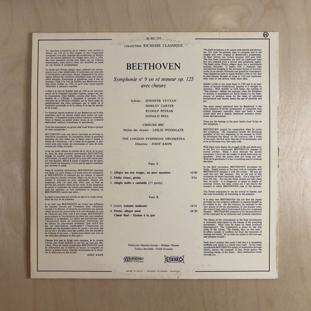 Ludwig van Beethoven, London Symphony Orchestra, Josef Krips – Symphonie N° 9 Avec Chœurs – back cover