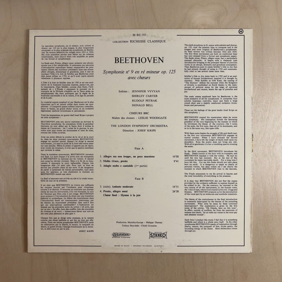 Ludwig van Beethoven, London Symphony Orchestra, Josef Krips – Symphonie N° 9 Avec Chœurs – back cover