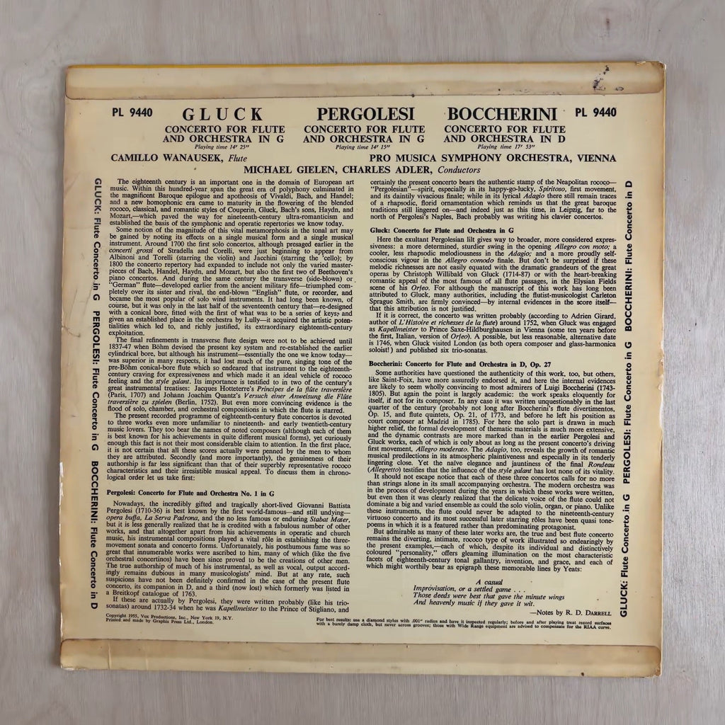 Christoph Willibald Gluck, Giovanni Battista Pergolesi, Luigi Boccherini, Camillo Wanausek, Vienna Pro Musica Orchestra, F. Charles Adler, Michael Gielen – Flute Concerto In G Major / Flute Concerto In G Major / Flute Concerto In D Major – back cover