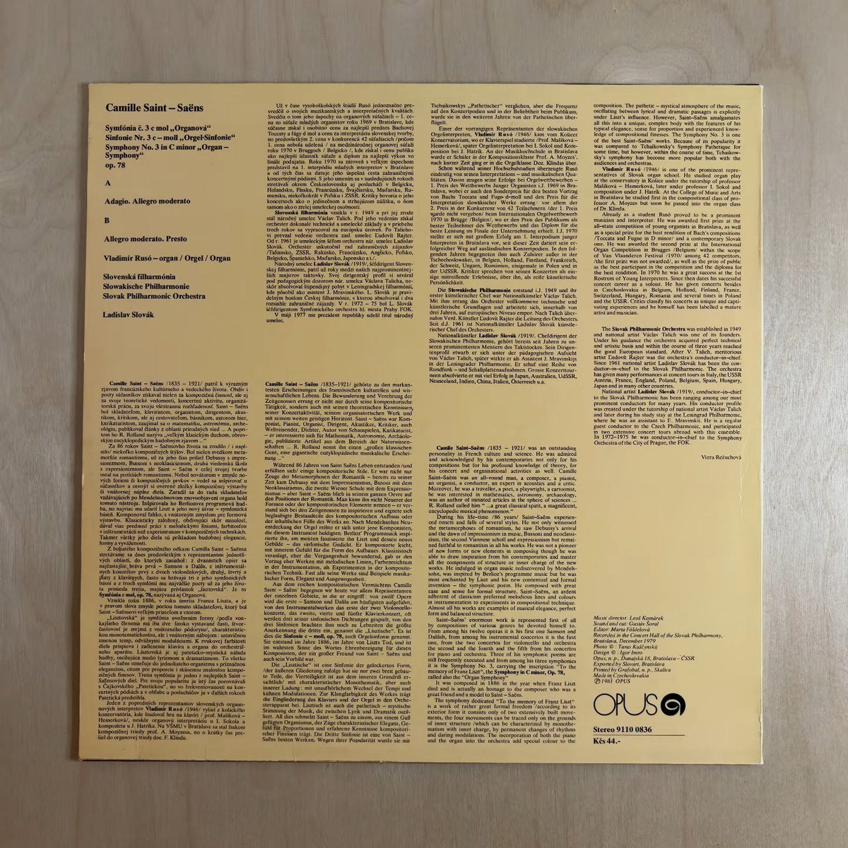 Camille Saint-Saëns, Slovak Philharmonic Orchestra, Vladimír Rusó, Ladislav Slovák – Symphony No.3 In C Minor, Op. 78 "Organ Symphony" – back cover