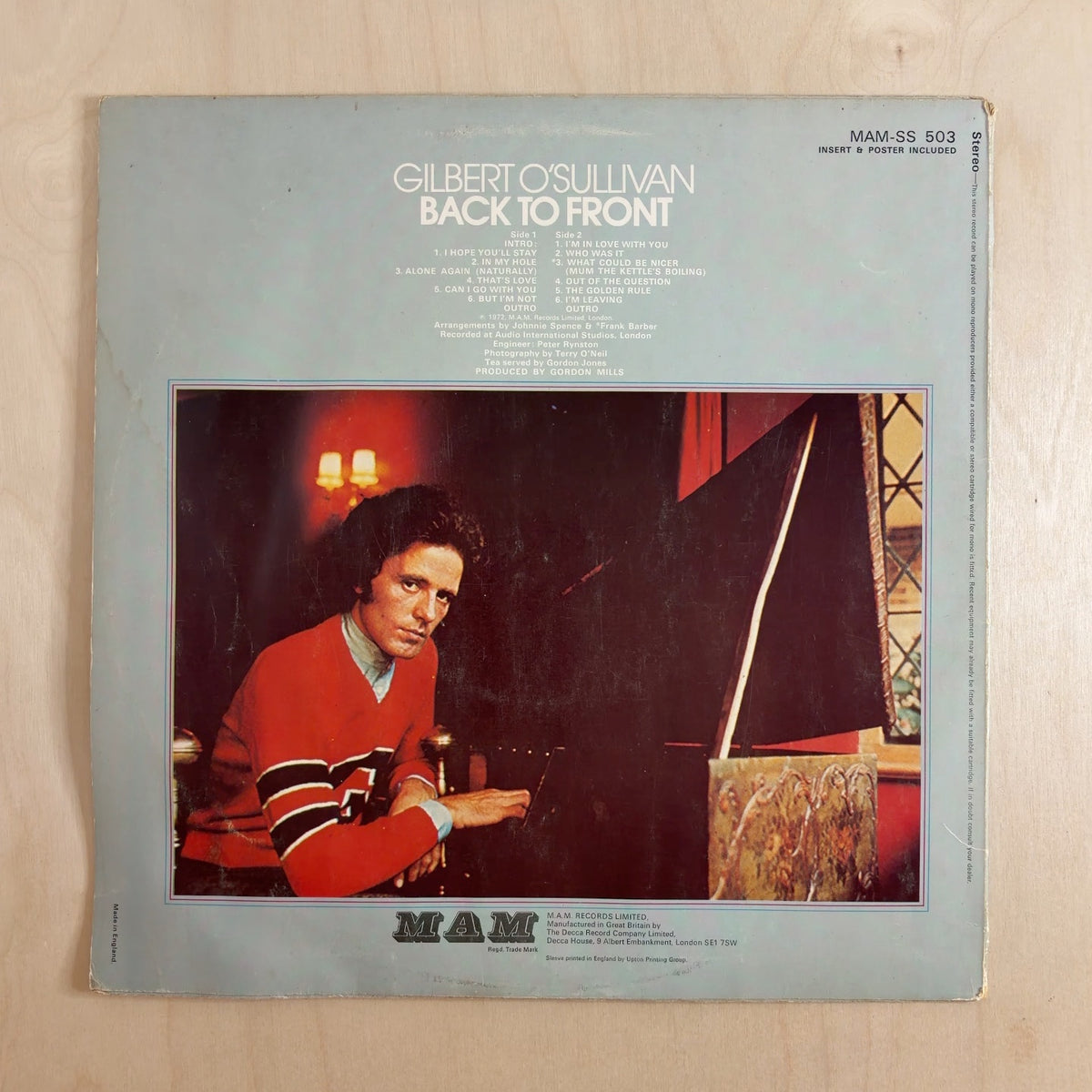 Gilbert O'Sullivan – Back To Front – back cover