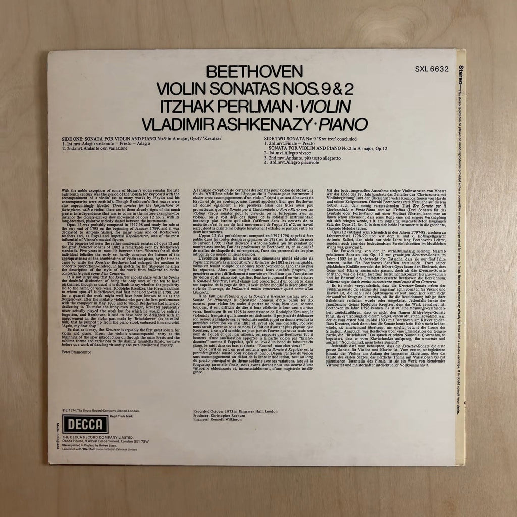 Ludwig van Beethoven, Itzhak Perlman, Vladimir Ashkenazy – Violin Sonatas No.9 "Kreutzer" & No.2 – back cover