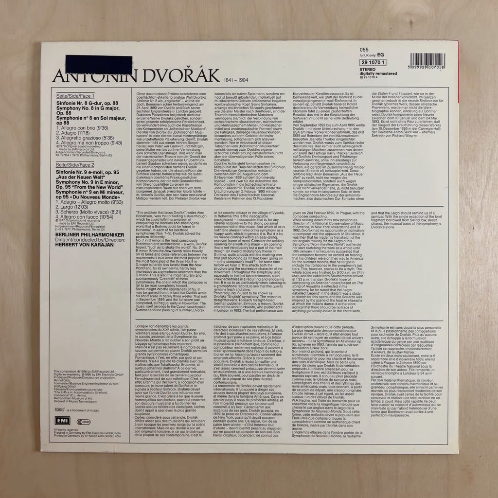 Antonín Dvořák, Berliner Philharmoniker, Herbert von Karajan – Symphonies = Sinfonien Nos. 8 & 9 "From The New World" = „Aus Der Neuen Welt” – back cover