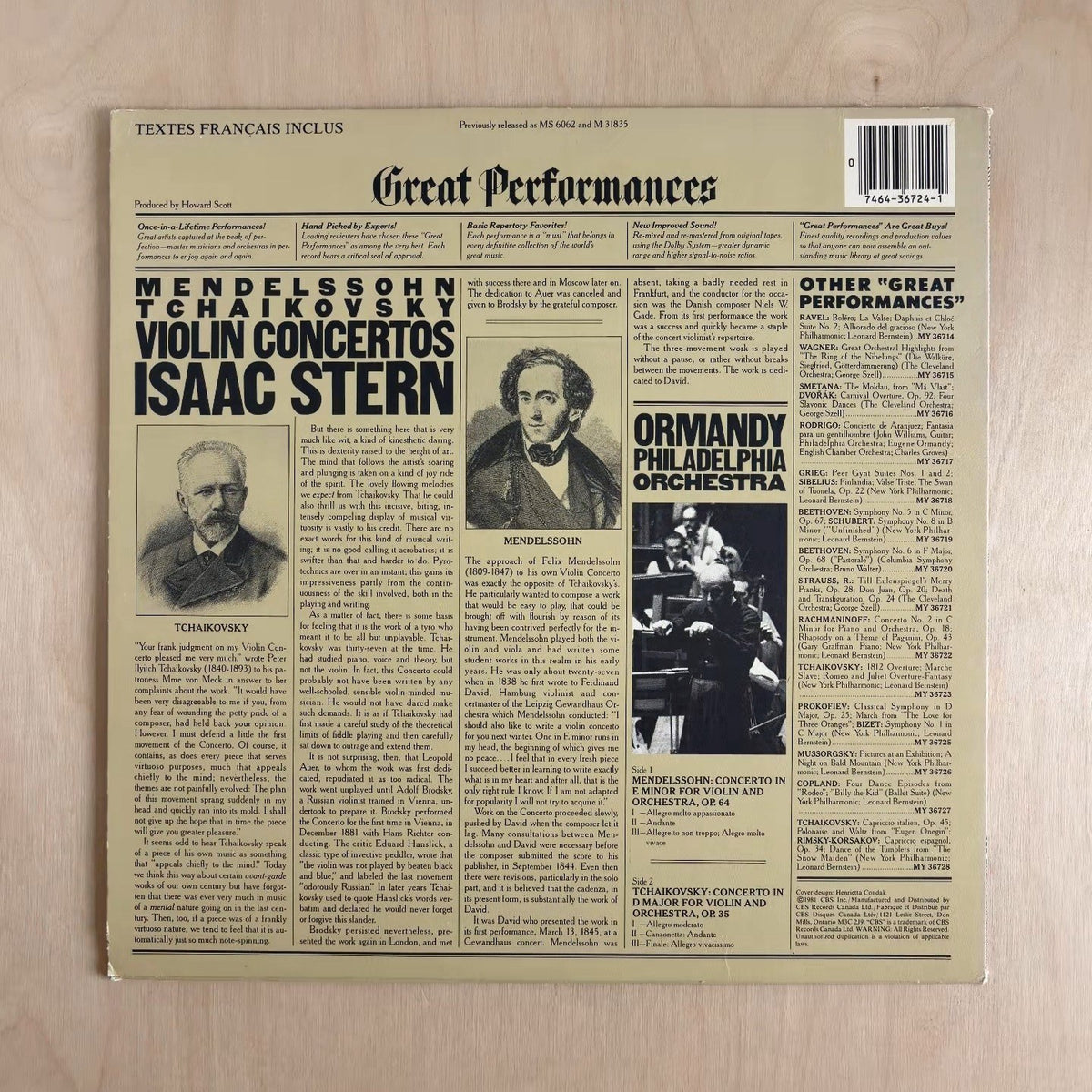 Felix Mendelssohn-Bartholdy, Pyotr Ilyich Tchaikovsky, Isaac Stern, Eugene Ormandy, The Philadelphia Orchestra – Violin Concertos – back cover