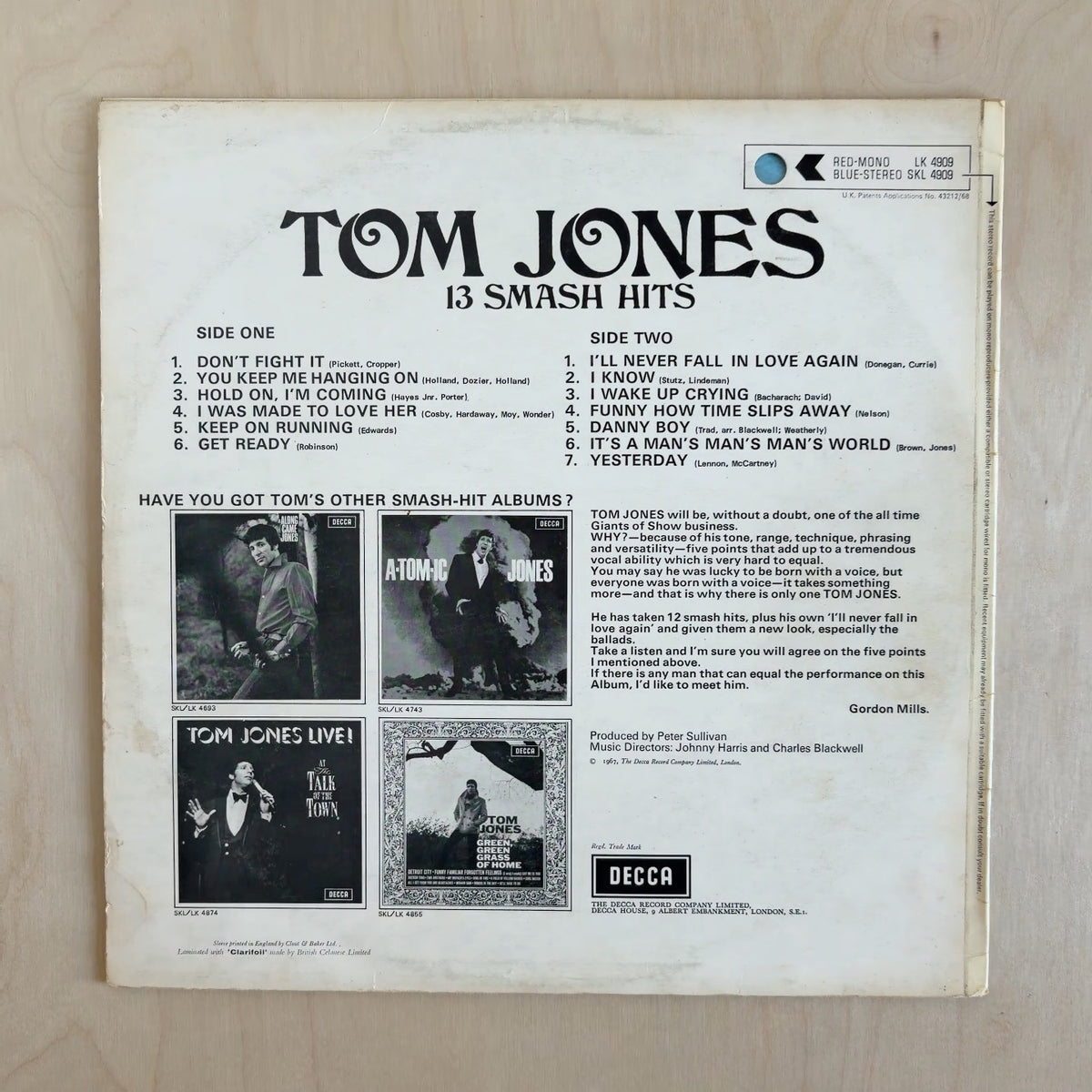 Tom Jones – 13 Smash Hits – back cover