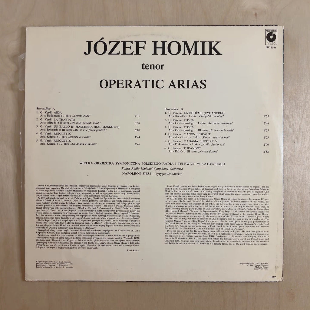 Józef Homik – Operatic Arias – back cover