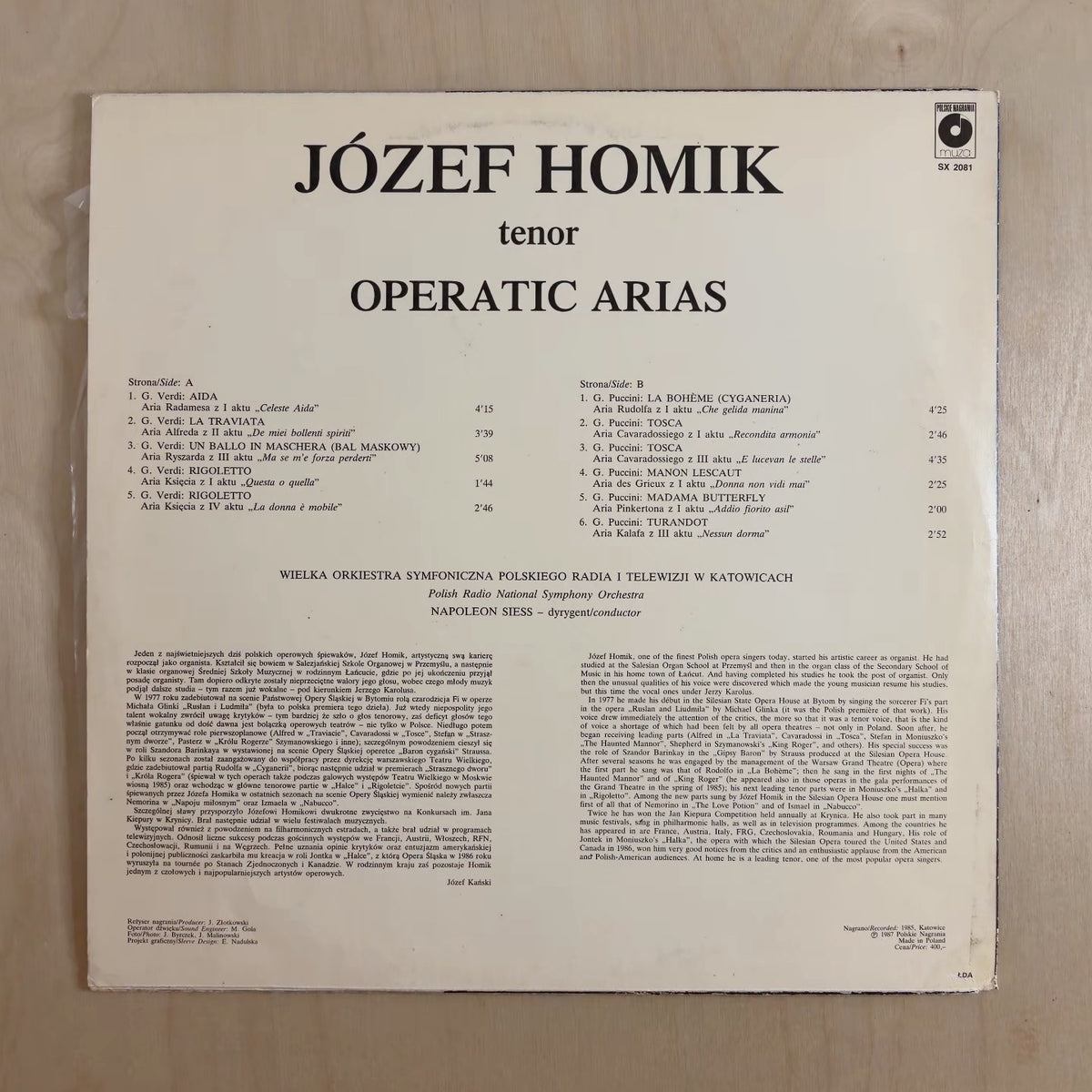 Józef Homik – Operatic Arias – back cover
