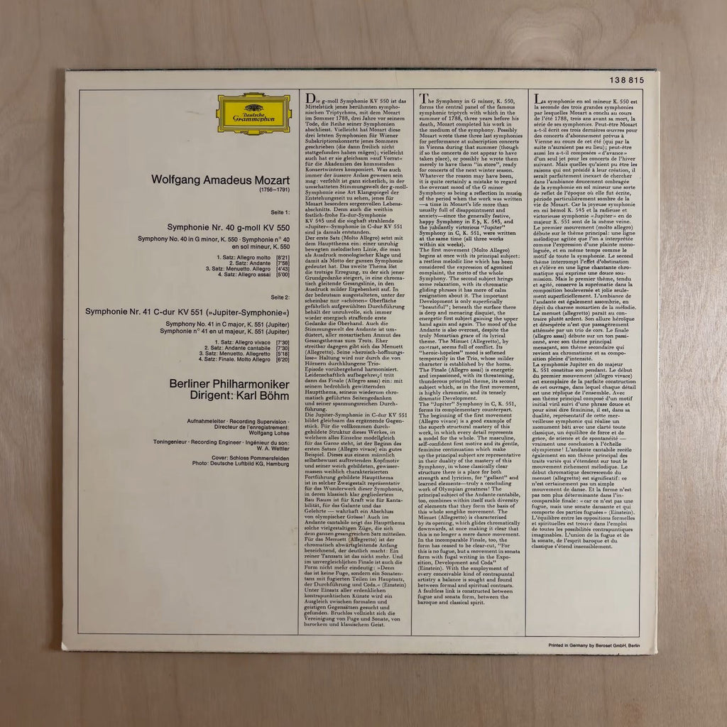 Wolfgang Amadeus Mozart, Berliner Philharmoniker, Karl Böhm – Symphonien Nr. 40 G-Moll (In G Minor) KV 550 / Nr. 41 C-Dur (In C Major) KV 551 "Jupiter" – back cover