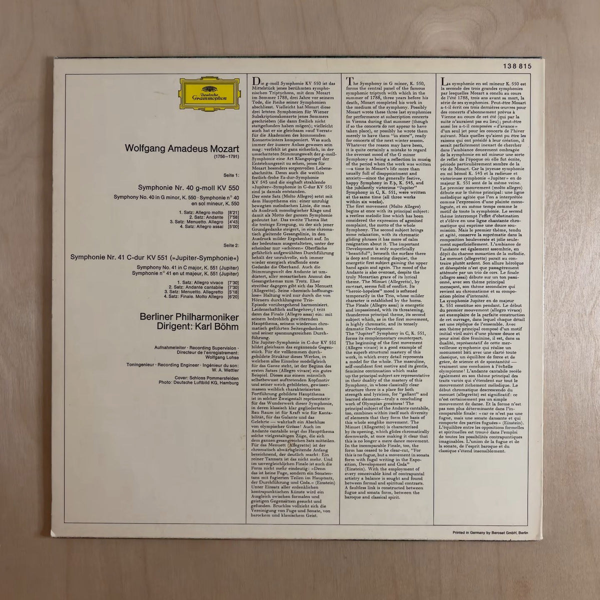 Wolfgang Amadeus Mozart, Berliner Philharmoniker, Karl Böhm – Symphonien Nr. 40 G-Moll (In G Minor) KV 550 / Nr. 41 C-Dur (In C Major) KV 551 "Jupiter" – back cover