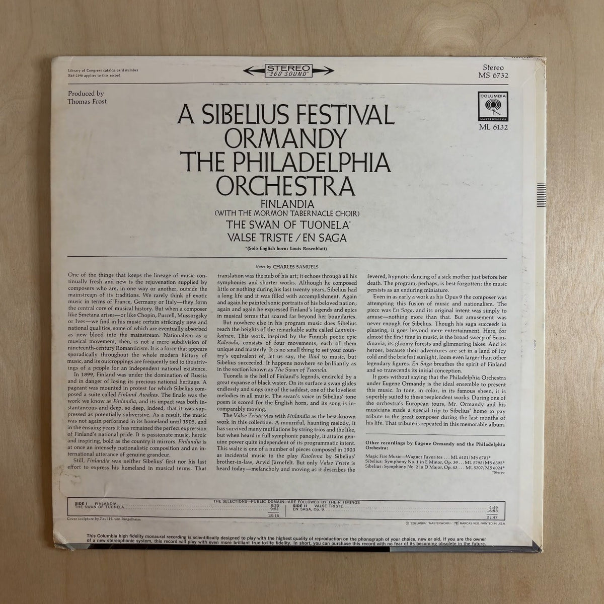Jean Sibelius, The Philadelphia Orchestra, Eugene Ormandy – A Sibelius Festival: Valse Triste - En Saga - The Swan of Tuonela - Finlandia – back cover