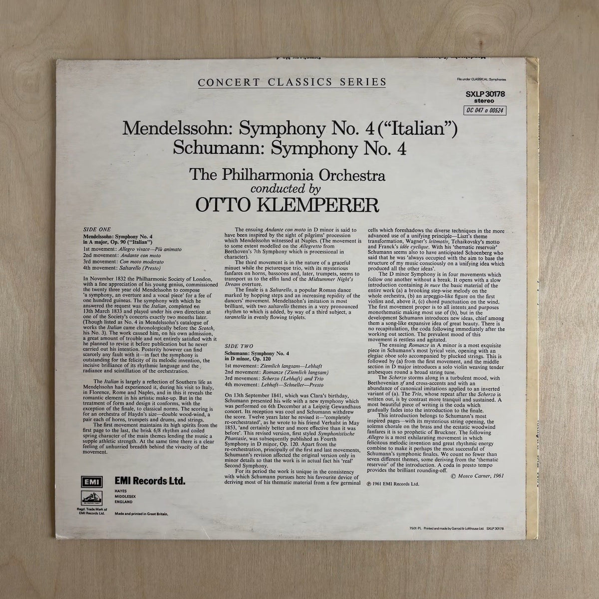 Felix Mendelssohn-Bartholdy, Robert Schumann, Philharmonia Orchestra, Otto Klemperer – Symphony No. 4 (Italian) / Symphony No. 4 – back cover