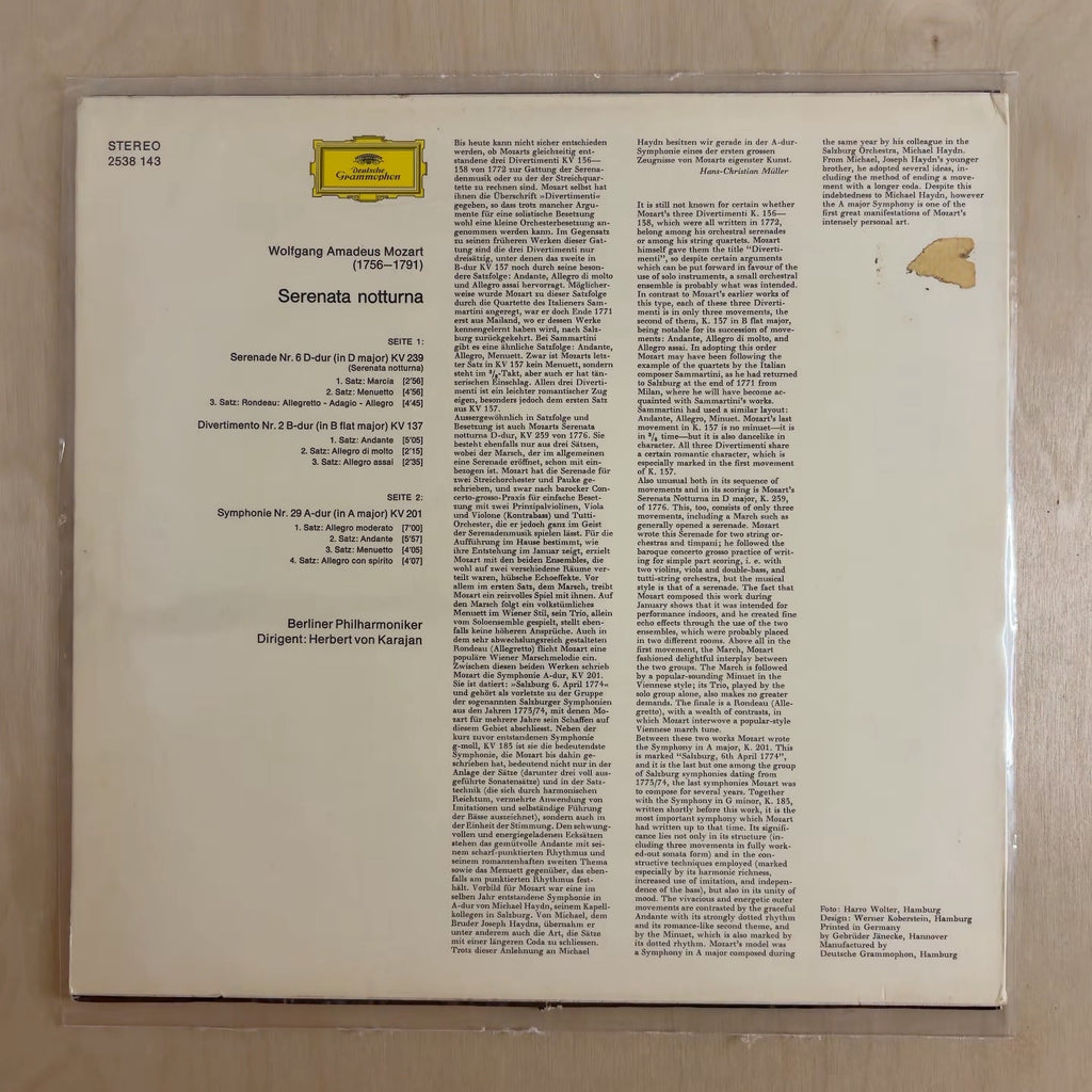 Wolfgang Amadeus Mozart, Herbert von Karajan, Berliner Philharmoniker – Serenata Notturna – back cover