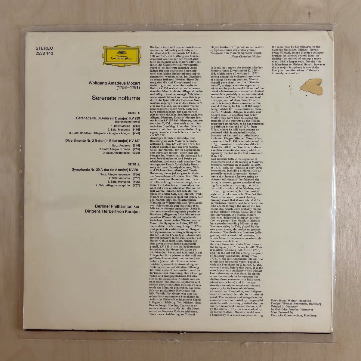 Wolfgang Amadeus Mozart, Herbert von Karajan, Berliner Philharmoniker – Serenata Notturna – back cover