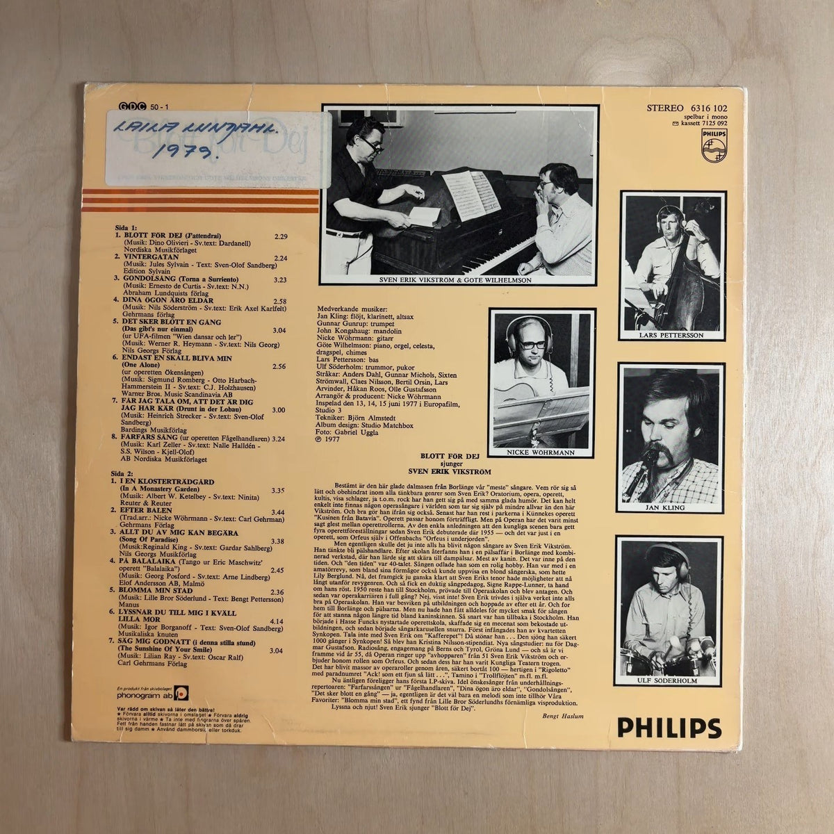 Sven Erik Vikström – Blott För Dej – back cover