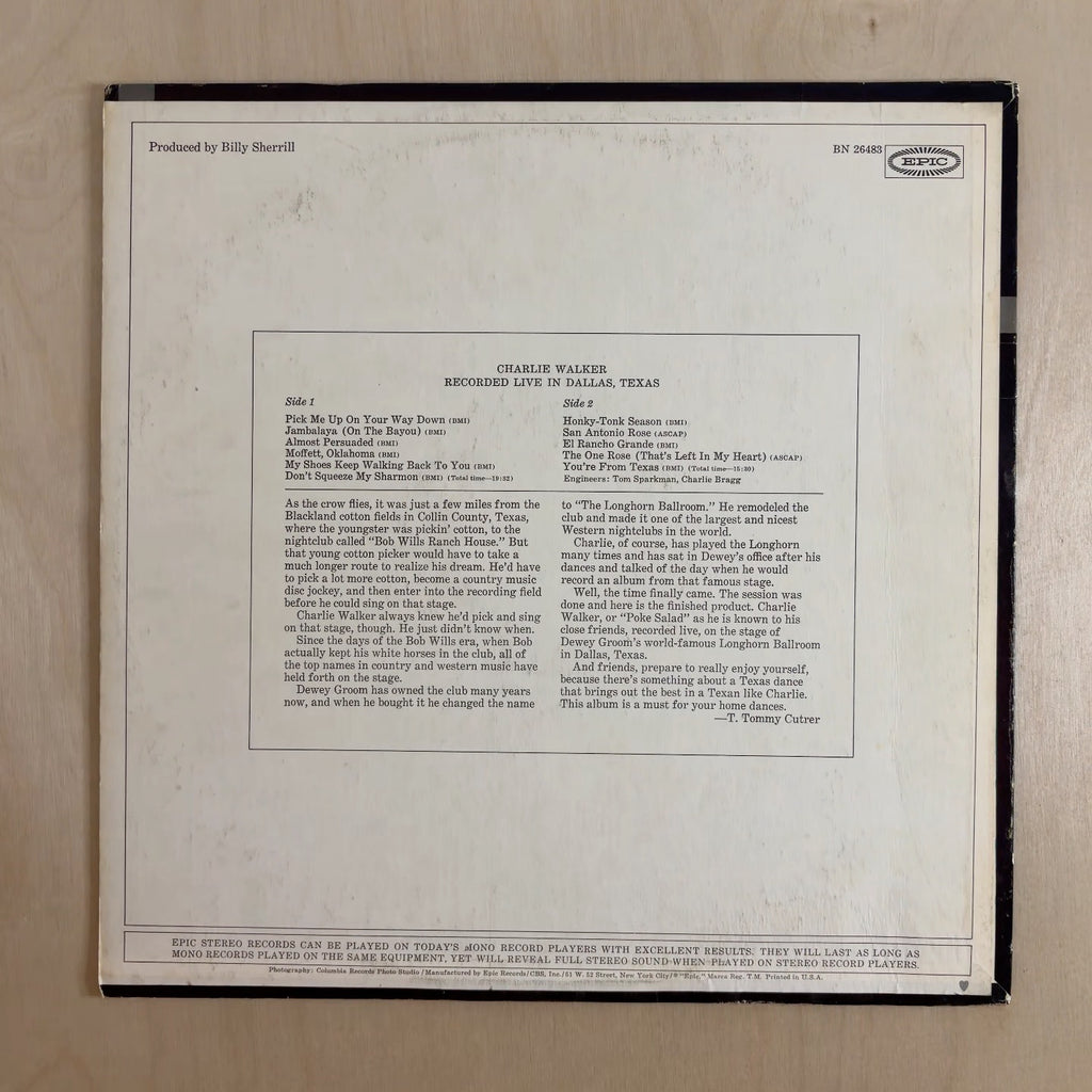 Charlie Walker – Recorded Live In Dallas, Texas – back cover
