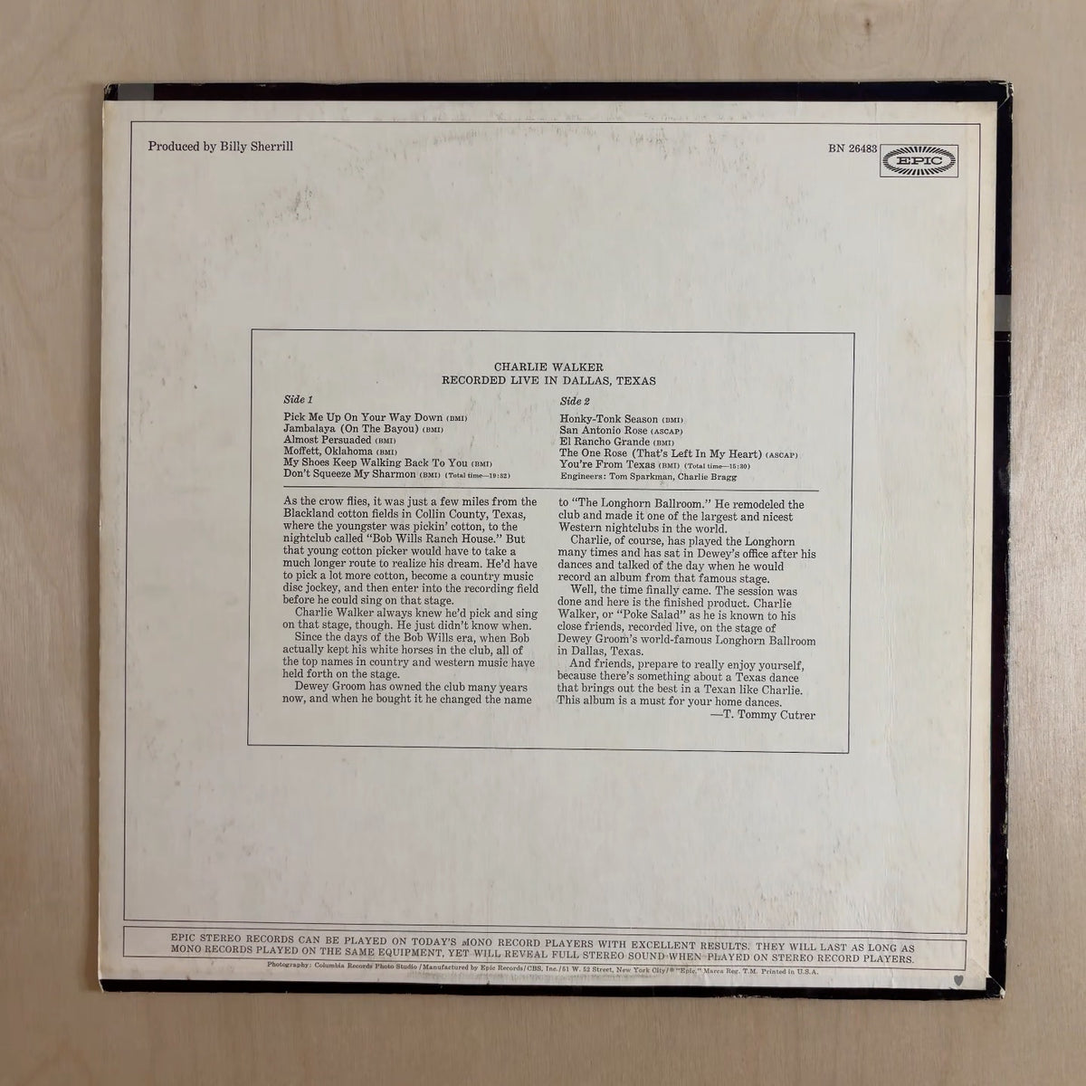 Charlie Walker – Recorded Live In Dallas, Texas – back cover