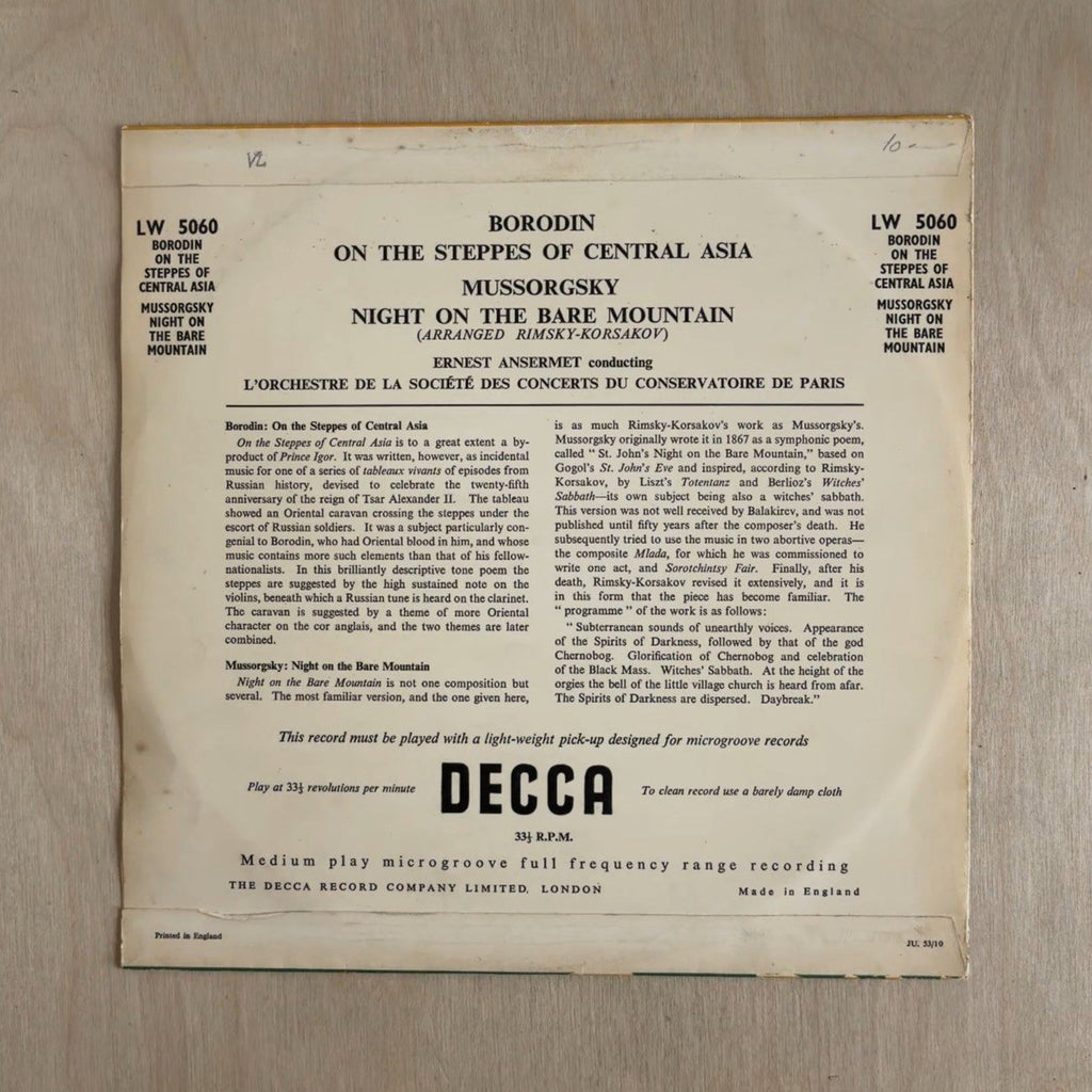 Alexander Borodin, Modest Mussorgsky, Ernest Ansermet, Orchestre De La Société Des Concerts Du Conservatoire – On The Steppes Of Central Asia / Night On The Bare Mountain – back cover