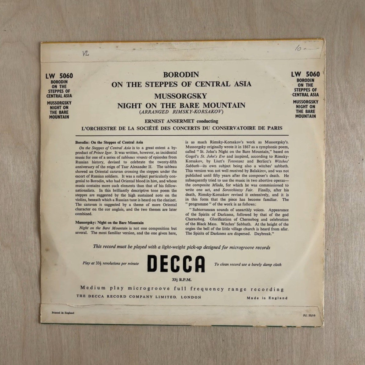 Alexander Borodin, Modest Mussorgsky, Ernest Ansermet, Orchestre De La Société Des Concerts Du Conservatoire – On The Steppes Of Central Asia / Night On The Bare Mountain – back cover