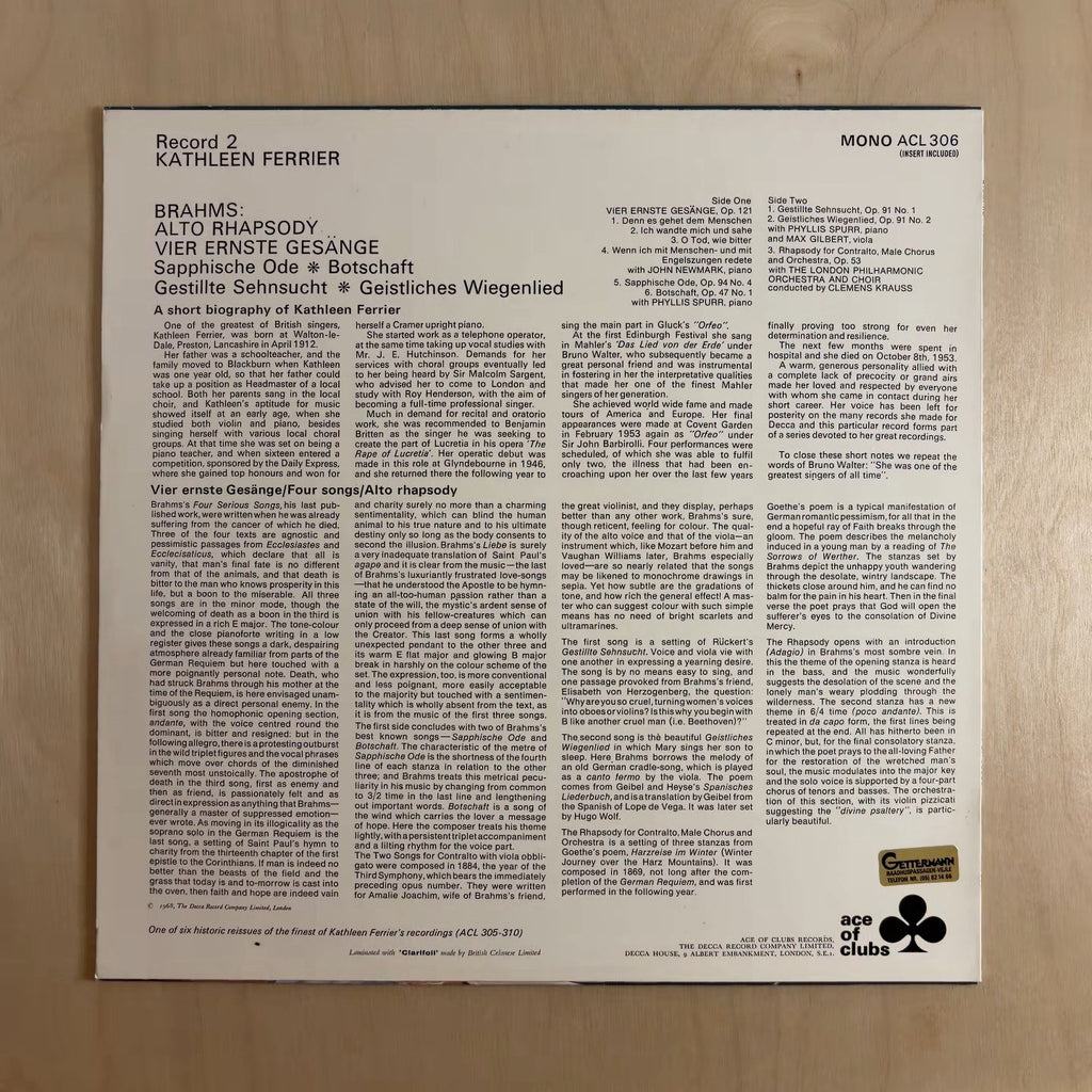 Kathleen Ferrier, Johannes Brahms – Alto Rhapsody / Vier Ernste Gesänge / Sapphische Ode / Botschaft / Gestillte Sehnsucht / Geistliches Wiegenlied – back cover