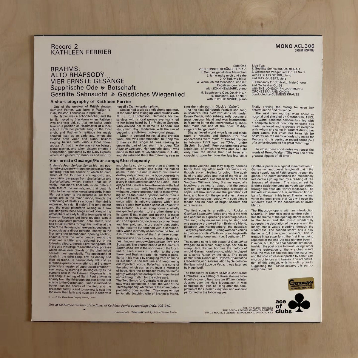 Kathleen Ferrier, Johannes Brahms – Alto Rhapsody / Vier Ernste Gesänge / Sapphische Ode / Botschaft / Gestillte Sehnsucht / Geistliches Wiegenlied – back cover