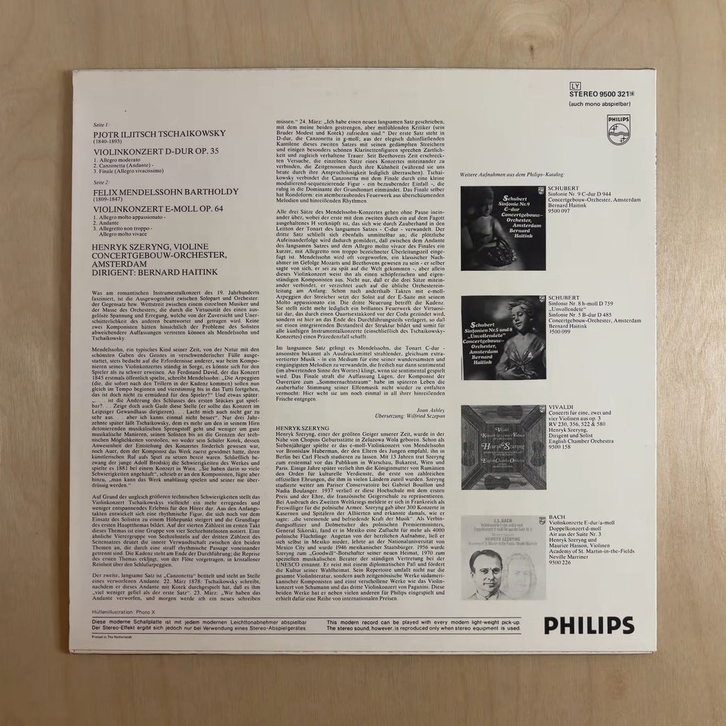 Pyotr Ilyich Tchaikovsky, Felix Mendelssohn-Bartholdy, Henryk Szeryng, Concertgebouworkest, Bernard Haitink – Violinkonzerte Op. 35 / Op. 64 – back cover