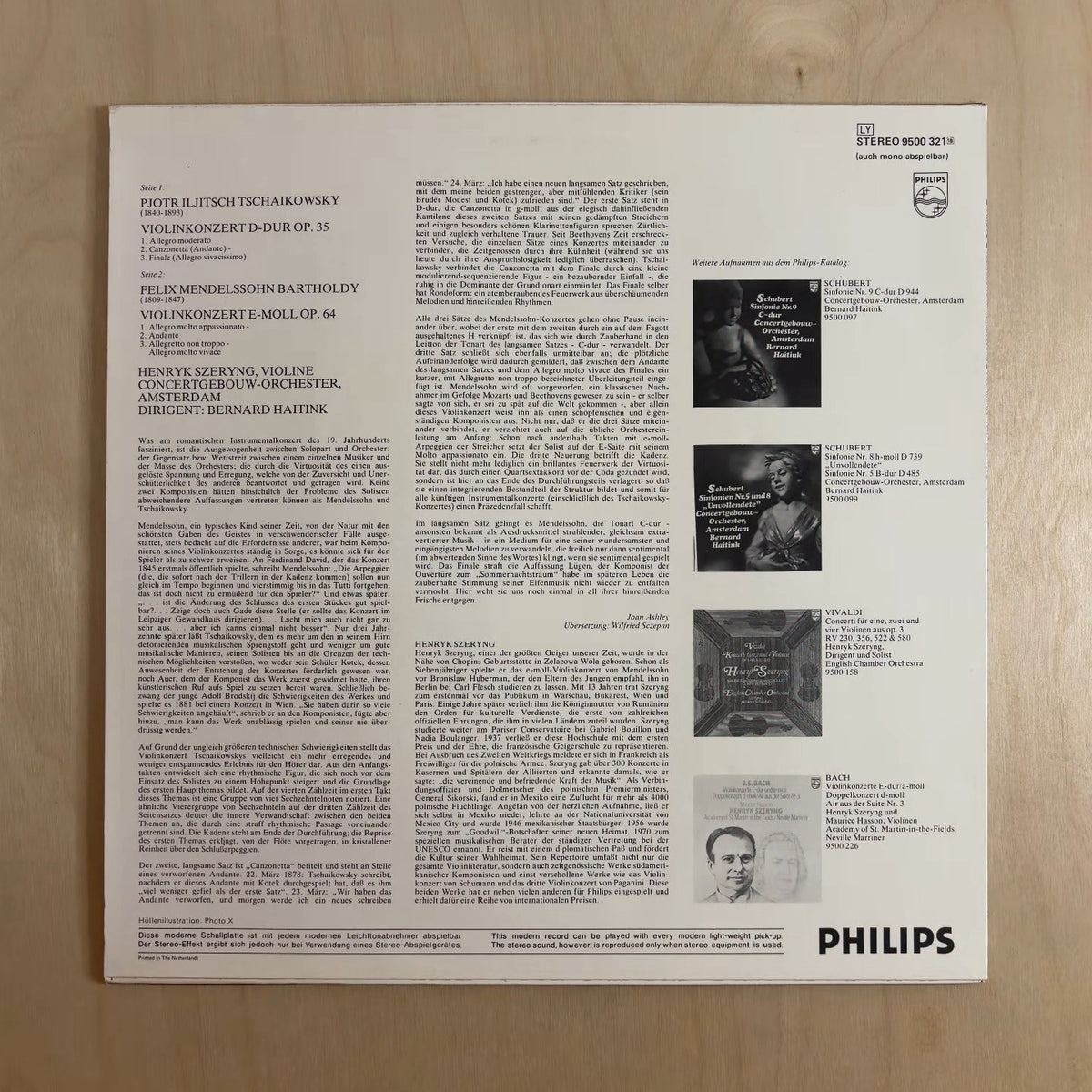 Pyotr Ilyich Tchaikovsky, Felix Mendelssohn-Bartholdy, Henryk Szeryng, Concertgebouworkest, Bernard Haitink – Violinkonzerte Op. 35 / Op. 64 – back cover